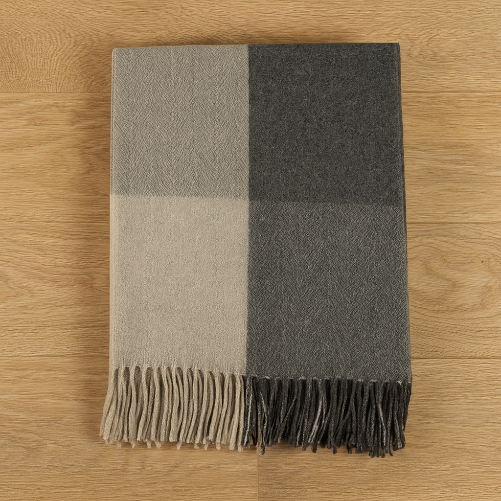 Stone Grey Block Check Wool Herringbone Throw